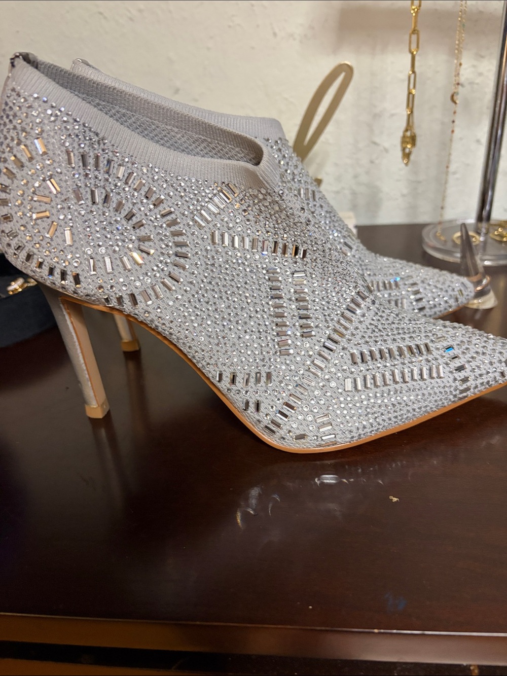 Thalia Sodi Silver Crystal Embellished Pointed-Toe Booties